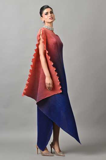Shop_Kiran Uttam Ghosh_Blue Polyester One Shoulder Ombre Pleated Tunic _at_Aza_Fashions