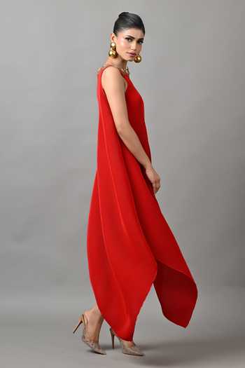 Shop_Kiran Uttam Ghosh_Red Polyester Round Neck Placed Embroidered Pleated Tunic _at_Aza_Fashions
