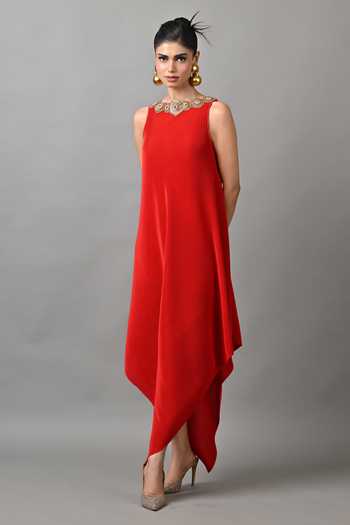 Kiran Uttam Ghosh_Red Polyester Round Neck Placed Embroidered Pleated Tunic _Online_at_Aza_Fashions