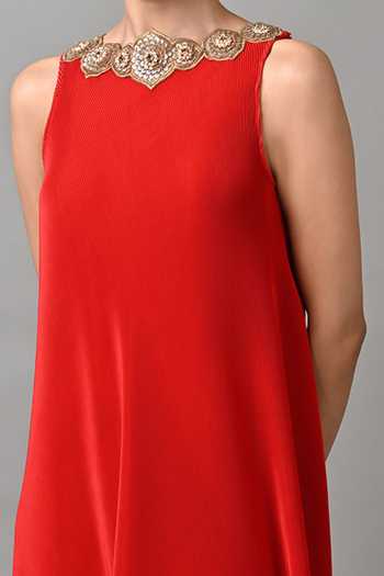 Buy_Kiran Uttam Ghosh_Red Polyester Round Neck Placed Embroidered Pleated Tunic _Online_at_Aza_Fashions