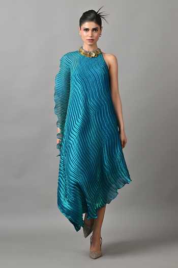 Shop_Kiran Uttam Ghosh_Blue Polyester Choker Neck Pleated Draped Asymmetric Tunic _at_Aza_Fashions