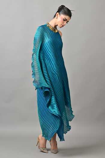 Kiran Uttam Ghosh_Blue Polyester Choker Neck Pleated Draped Asymmetric Tunic _Online_at_Aza_Fashions