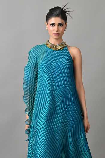 Buy_Kiran Uttam Ghosh_Blue Polyester Choker Neck Pleated Draped Asymmetric Tunic _Online_at_Aza_Fashions