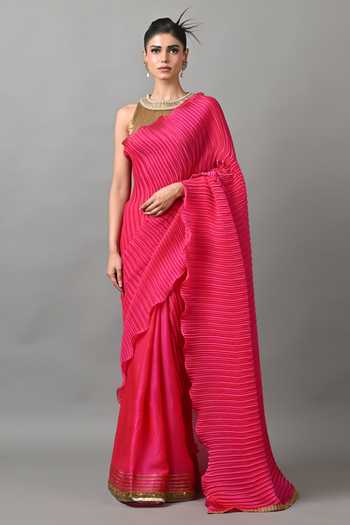 Shop_Kiran Uttam Ghosh_Fuchsia Polyester Pleated Saree With Unstitched Blouse Piece _at_Aza_Fashions