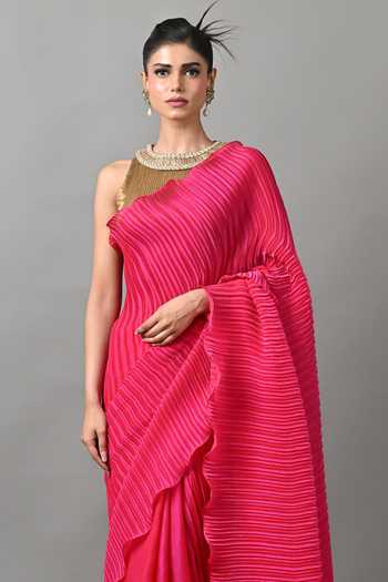 Buy_Kiran Uttam Ghosh_Fuchsia Polyester Pleated Saree With Unstitched Blouse Piece _Online_at_Aza_Fashions