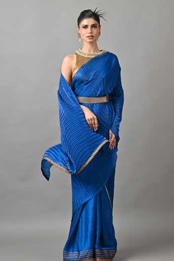 Shop_Kiran Uttam Ghosh_Blue Polyester Bright Pleated Saree With Unstitched Blouse Piece _at_Aza_Fashions