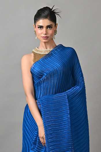 Kiran Uttam Ghosh_Blue Polyester Bright Pleated Saree With Unstitched Blouse Piece _Online_at_Aza_Fashions