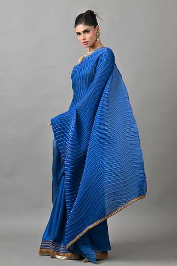 Buy_Kiran Uttam Ghosh_Blue Polyester Bright Pleated Saree With Unstitched Blouse Piece _Online_at_Aza_Fashions