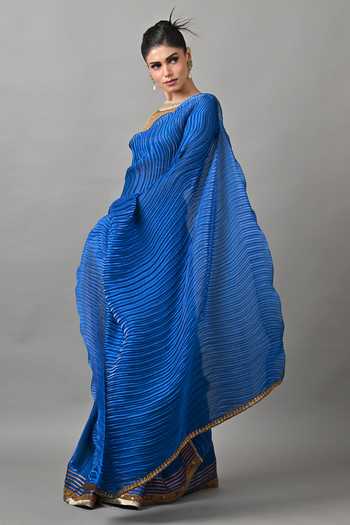 Shop_Kiran Uttam Ghosh_Blue Polyester Bright Pleated Saree With Unstitched Blouse Piece _Online_at_Aza_Fashions