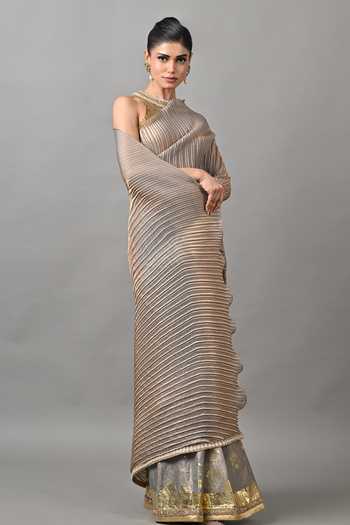 Shop_Kiran Uttam Ghosh_Gold Polyester Smoky Pleated Saree With Unstitched Blouse Piece _at_Aza_Fashions