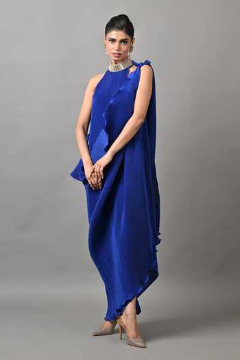 Kiran Uttam Ghosh_Blue Polyester Choker Neck Pleated Diagonal Tunic _Online_at_Aza_Fashions
