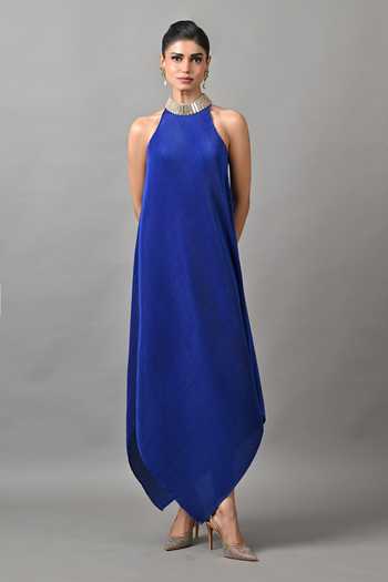 Shop_Kiran Uttam Ghosh_Blue Polyester Choker Neck Pleated Diagonal Tunic _at_Aza_Fashions