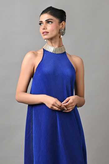 Buy_Kiran Uttam Ghosh_Blue Polyester Choker Neck Pleated Diagonal Tunic _Online_at_Aza_Fashions