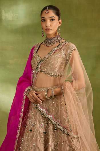 Buy_Neha Khullar_Pink Organza, Crepe, Net, Tissue Embroidered Bridal Lehenga Set _Online_at_Aza_Fashions
