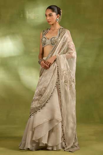 Buy_Neha Khullar_Ivory Organza, Tissue Sweetheart Neck Metallic Embroidered Saree With Blouse _Online_at_Aza_Fashions