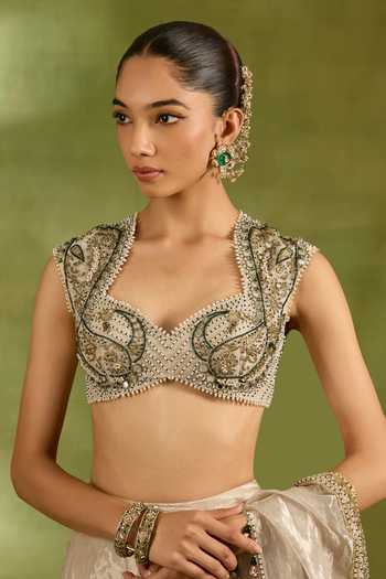 Shop_Neha Khullar_Ivory Organza, Tissue Sweetheart Neck Metallic Embroidered Saree With Blouse _Online_at_Aza_Fashions