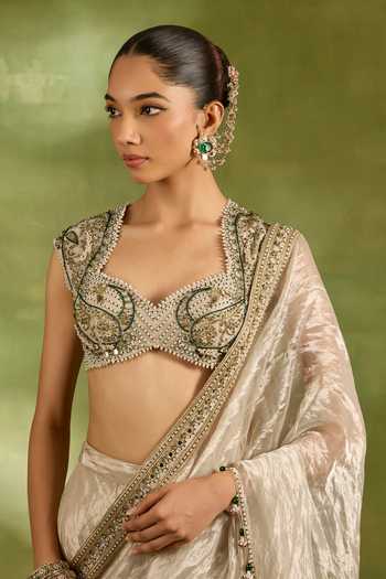 Neha Khullar_Ivory Organza, Tissue Sweetheart Neck Metallic Embroidered Saree With Blouse _at_Aza_Fashions