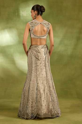 Neha Khullar_Ivory Crepe, Tissue Sweetheart Neck Embroidered Lehenga Set _Online_at_Aza_Fashions