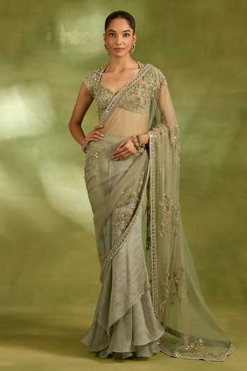 Buy_Neha Khullar_Green Organza, Crepe, Net, Tissue Sweetheart Aari Embroidered Saree With Blouse _at_Aza_Fashions