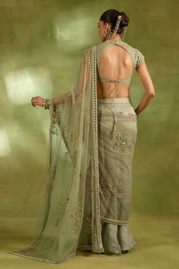Neha Khullar_Green Organza, Crepe, Net, Tissue Sweetheart Aari Embroidered Saree With Blouse _Online_at_Aza_Fashions