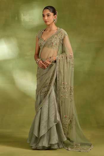 Buy_Neha Khullar_Green Organza, Crepe, Net, Tissue Sweetheart Aari Embroidered Saree With Blouse _Online_at_Aza_Fashions