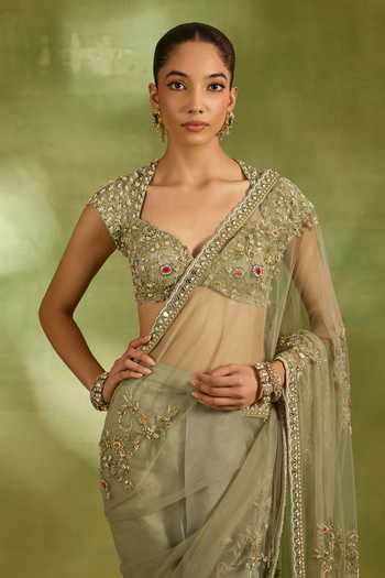 Shop_Neha Khullar_Green Organza, Crepe, Net, Tissue Sweetheart Aari Embroidered Saree With Blouse _Online_at_Aza_Fashions