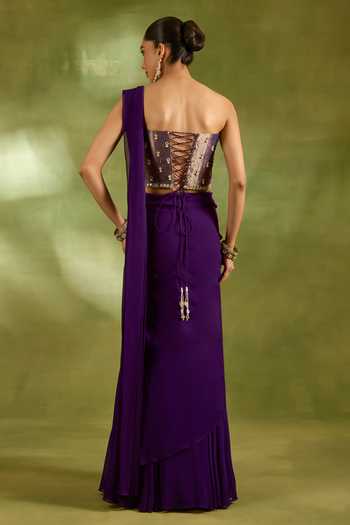 Neha Khullar_Purple Tissue, Georgette, Crepe Pre-draped Saree With Embroidered Blouse _Online_at_Aza_Fashions