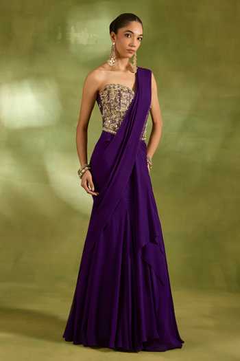 Buy_Neha Khullar_Purple Tissue, Georgette, Crepe Pre-draped Saree With Embroidered Blouse _Online_at_Aza_Fashions