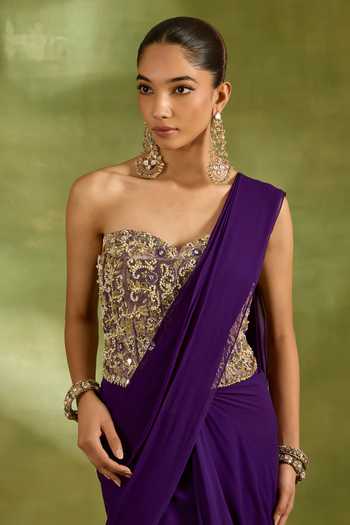 Shop_Neha Khullar_Purple Tissue, Georgette, Crepe Pre-draped Saree With Embroidered Blouse _Online_at_Aza_Fashions