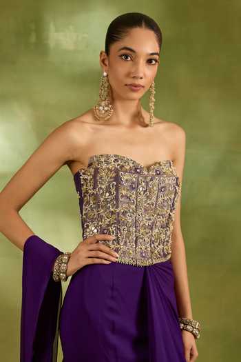 Neha Khullar_Purple Tissue, Georgette, Crepe Pre-draped Saree With Embroidered Blouse _at_Aza_Fashions