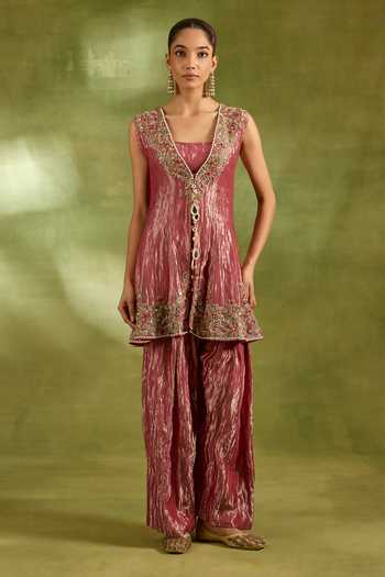 Shop_Neha Khullar_Pink Tissue V-, Square Embroidered Jacket And Salwar Set _Online_at_Aza_Fashions