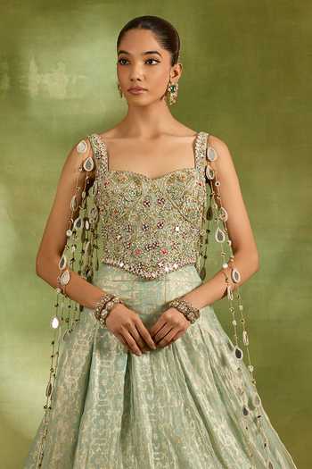 Buy_Neha Khullar_Green Tissue, Brocade, Crepe Sweetheart Floral Embroidered Blouse And Lehenga Set _Online_at_Aza_Fashions