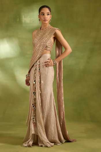 Buy_Neha Khullar_Pink Crepe, Tissue Halter Neck Crystal Work Pre-draped Saree With Blouse _Online_at_Aza_Fashions