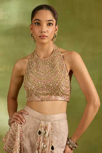 Shop_Neha Khullar_Pink Crepe, Tissue Halter Neck Crystal Work Pre-draped Saree With Blouse _Online_at_Aza_Fashions