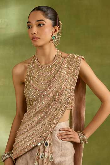 Neha Khullar_Pink Crepe, Tissue Halter Neck Crystal Work Pre-draped Saree With Blouse _at_Aza_Fashions