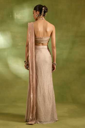 Neha Khullar_Pink Crepe, Tissue Halter Neck Crystal Work Pre-draped Saree With Blouse _Online_at_Aza_Fashions