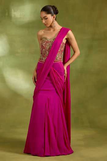 Neha Khullar_Fuchsia Georgette, Crepe, Tissue Pre-draped Saree With Embroidered Blouse _Online_at_Aza_Fashions