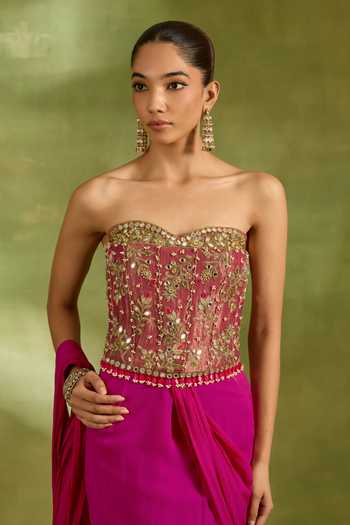 Buy_Neha Khullar_Fuchsia Georgette, Crepe, Tissue Pre-draped Saree With Embroidered Blouse _Online_at_Aza_Fashions