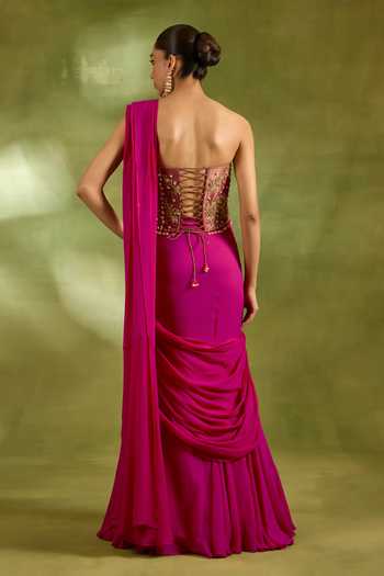 Shop_Neha Khullar_Fuchsia Georgette, Crepe, Tissue Pre-draped Saree With Embroidered Blouse _at_Aza_Fashions