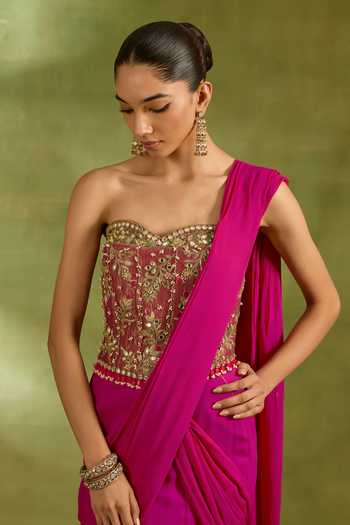 Shop_Neha Khullar_Fuchsia Georgette, Crepe, Tissue Pre-draped Saree With Embroidered Blouse _Online_at_Aza_Fashions