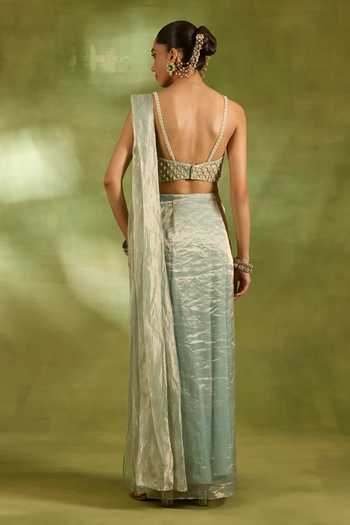 Shop_Neha Khullar_Green Tissue Sweetheart Neck Paisley Embroidered Saree With Blouse _at_Aza_Fashions
