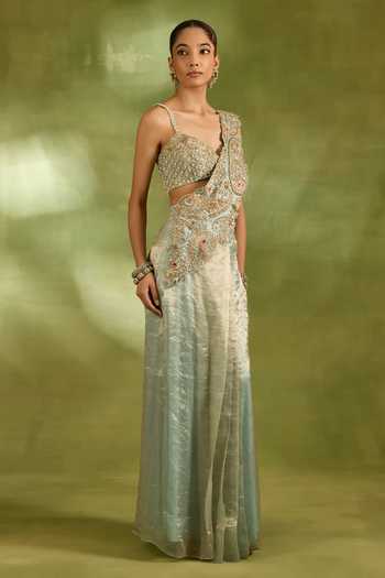 Neha Khullar_Green Tissue Sweetheart Neck Paisley Embroidered Saree With Blouse _Online_at_Aza_Fashions