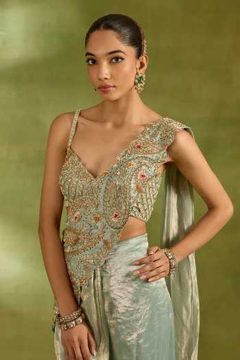 Shop_Neha Khullar_Green Tissue Sweetheart Neck Paisley Embroidered Saree With Blouse _Online_at_Aza_Fashions