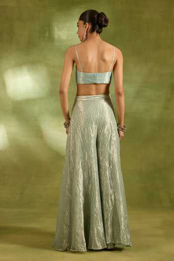 Neha Khullar_Green Tissue, Brocade Square , Open Embroidered Jacket Sharara Set _Online_at_Aza_Fashions