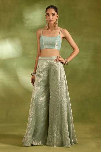 Buy_Neha Khullar_Green Tissue, Brocade Square , Open Embroidered Jacket Sharara Set _Online_at_Aza_Fashions