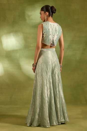 Shop_Neha Khullar_Green Tissue, Brocade Square , Open Embroidered Jacket Sharara Set _at_Aza_Fashions