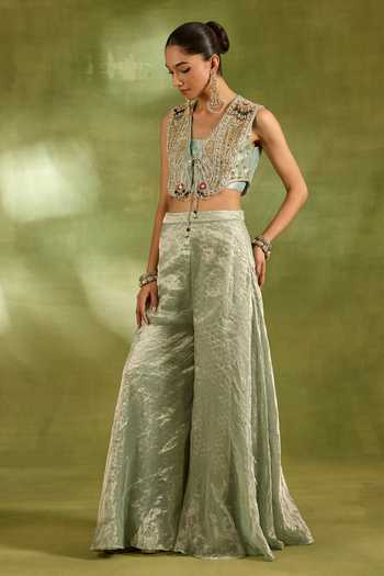 Shop_Neha Khullar_Green Tissue, Brocade Square , Open Embroidered Jacket Sharara Set _Online_at_Aza_Fashions