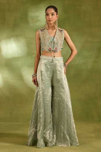Buy_Neha Khullar_Green Tissue, Brocade Square , Open Embroidered Jacket Sharara Set _at_Aza_Fashions