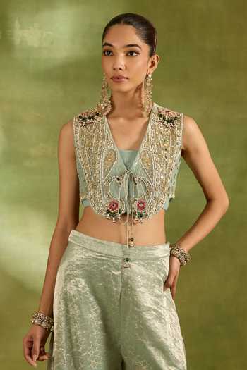 Neha Khullar_Green Tissue, Brocade Square , Open Embroidered Jacket Sharara Set _at_Aza_Fashions
