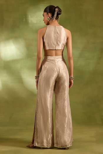 Shop_Neha Khullar_Ivory Tissue Halter Neck Embroidered Top And Pant Set _at_Aza_Fashions
